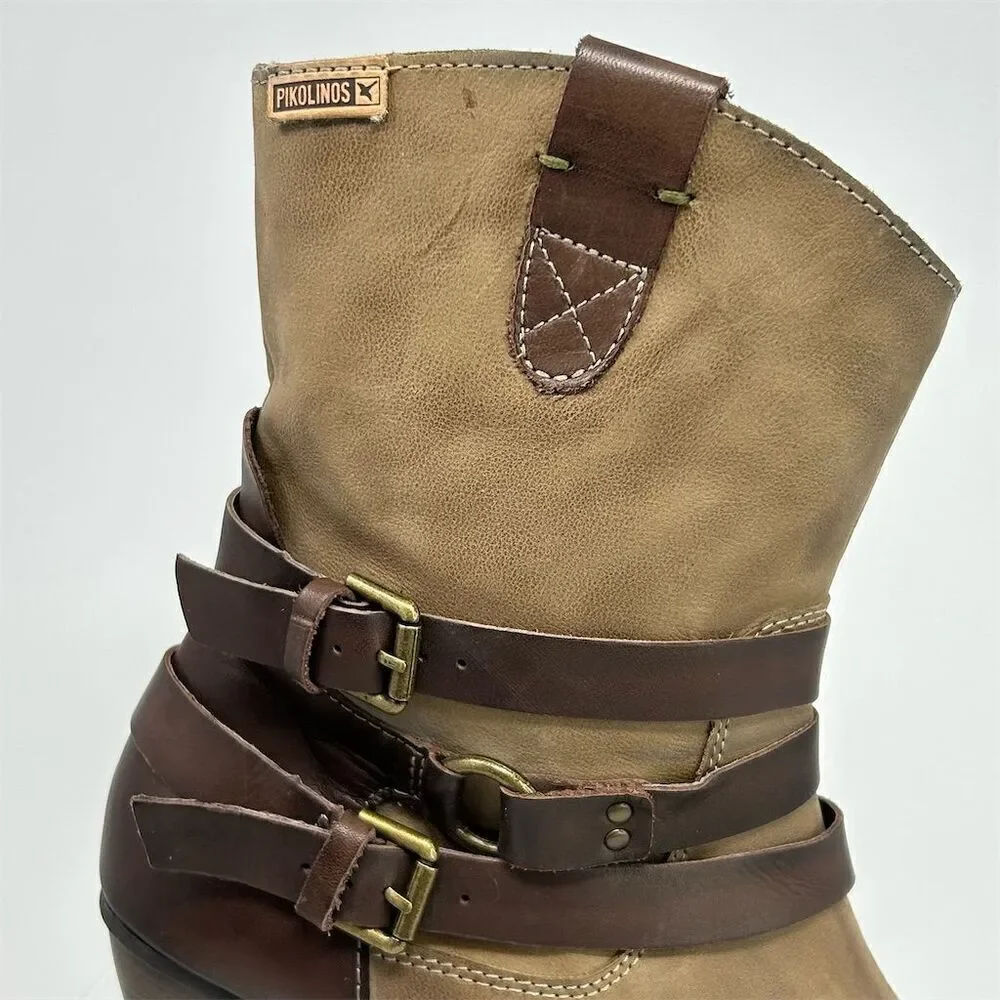 Pikolinos Women's Brown Leather Western Buckle Strap Heeled Ankle Boots Size 38